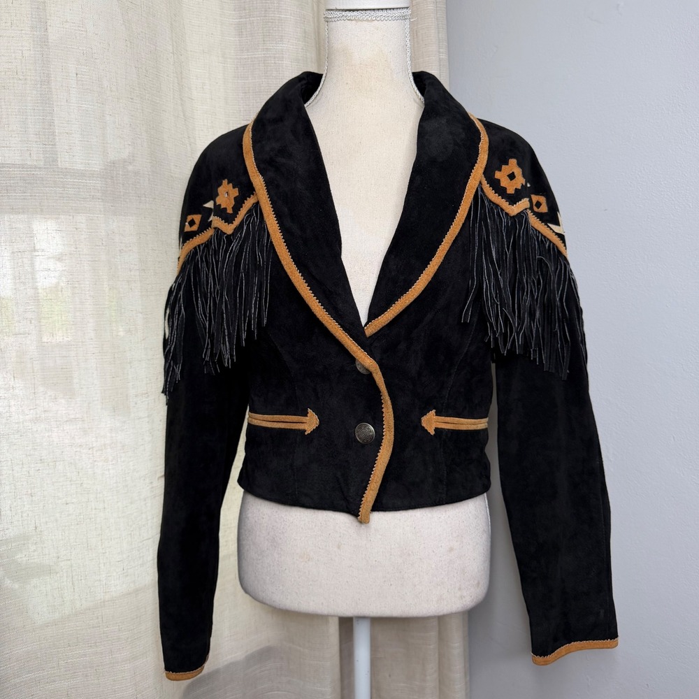 Cripple Creek Fringe Suede Western Southwest Jacket Black Leather Women's Medium